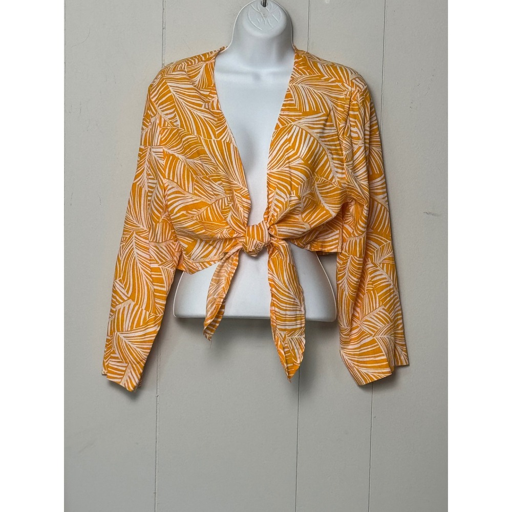 Shade & Shore Women's Orange Tropical Palm Tie Front Crop Top Linen Blend Size L